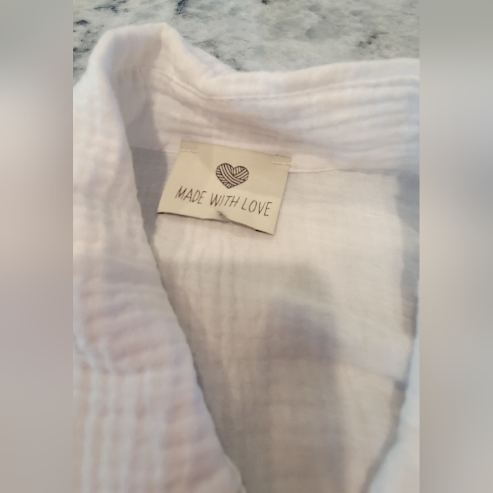 White Made With Love Button Down Shirt with Gold and Blue Eye Design - Picture 2 of 3